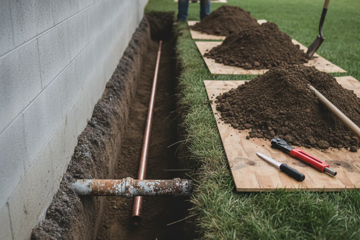 Excavated water line trench during Sewer Line Repair in Blockton